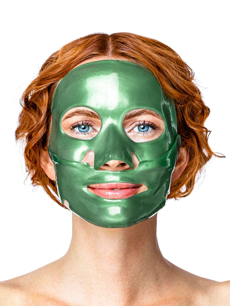 Person wearing a green face mask against a white background