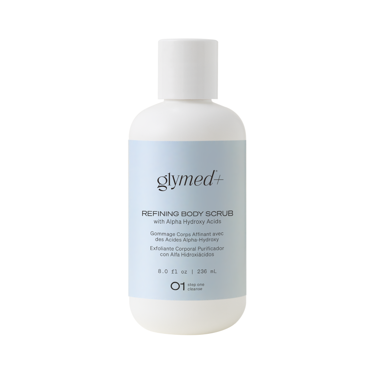 Glymed+ refining body scrub bottle on a white background
