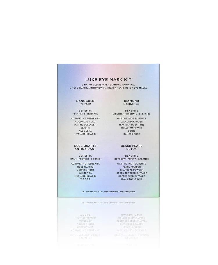 Luxe Eye Mask Kit packaging with product names on a gradient blue and green background