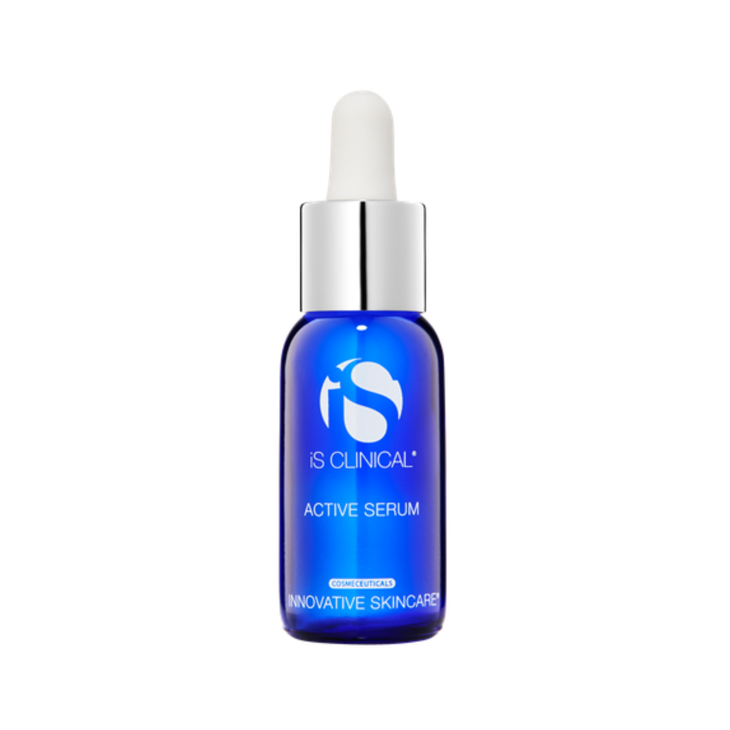 Blue serum bottle with dropper on a white background
