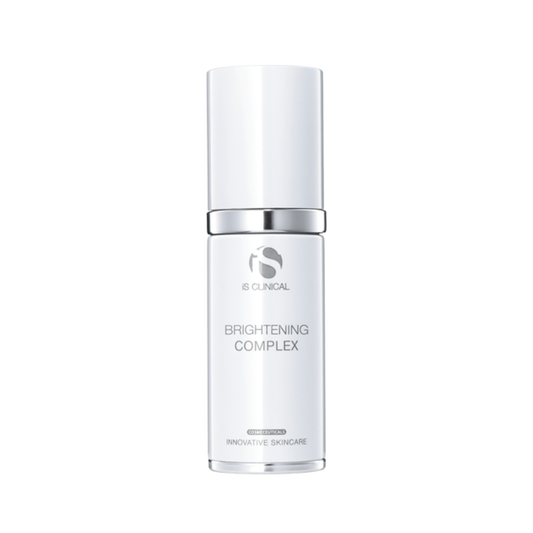 Skincare bottle labeled 'Brightening Complex' on a white background
