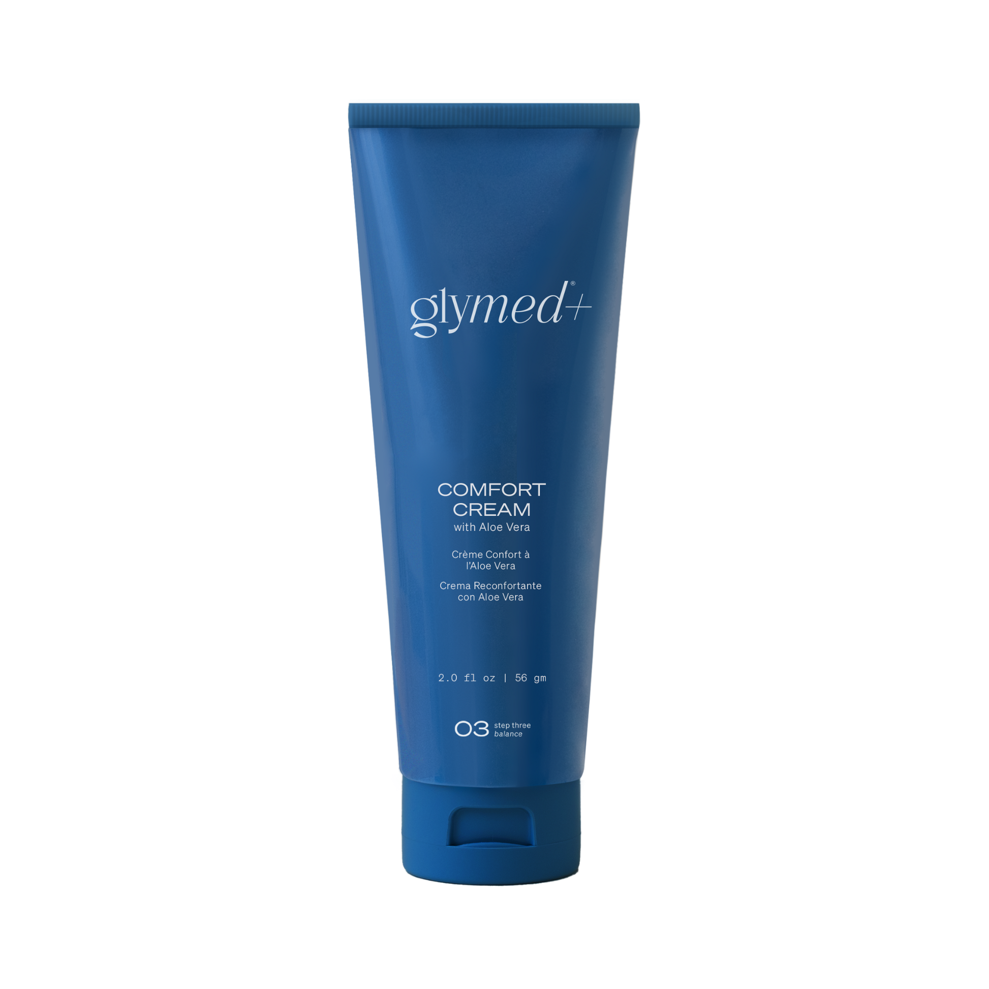 Blue tube of glymed+ Comfort Cream on a white background