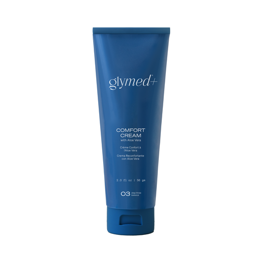 Blue tube of glymed+ Comfort Cream on a white background