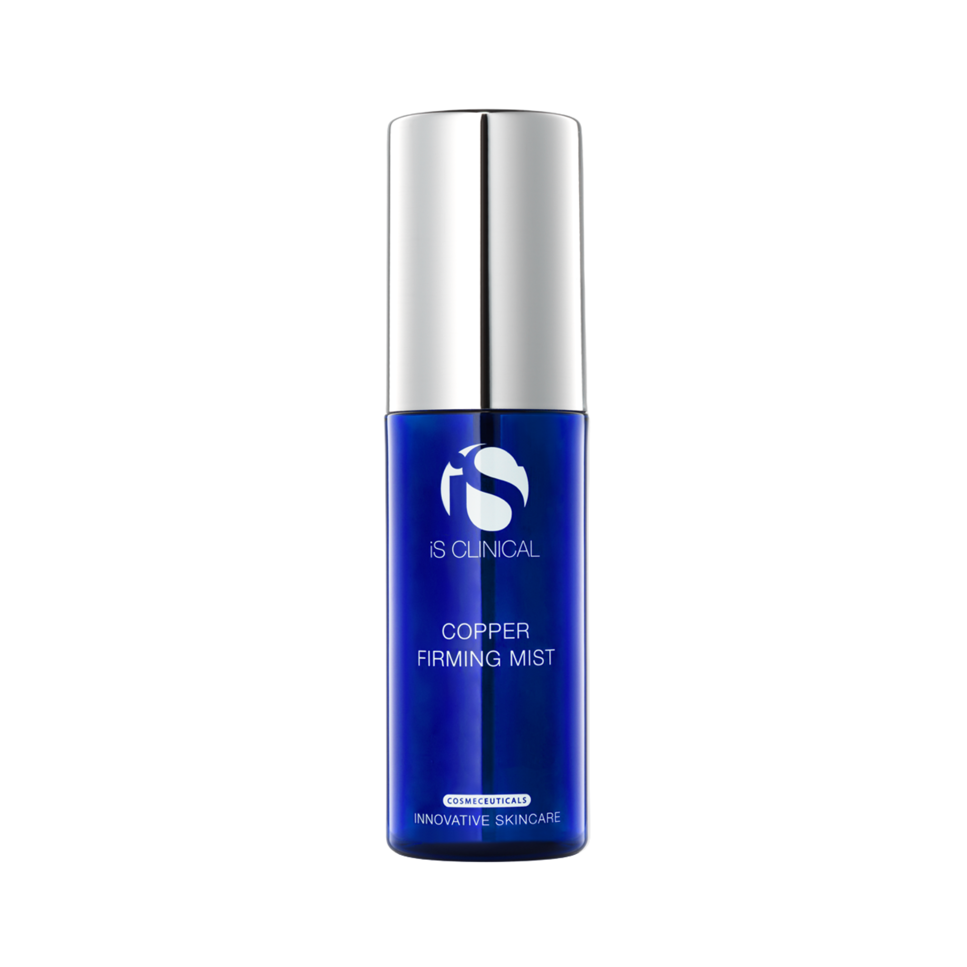Blue skincare bottle with silver cap on a white background