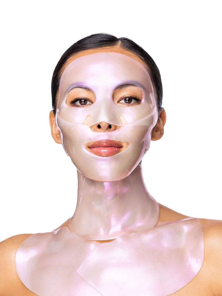 Person wearing a white face mask on a white background
