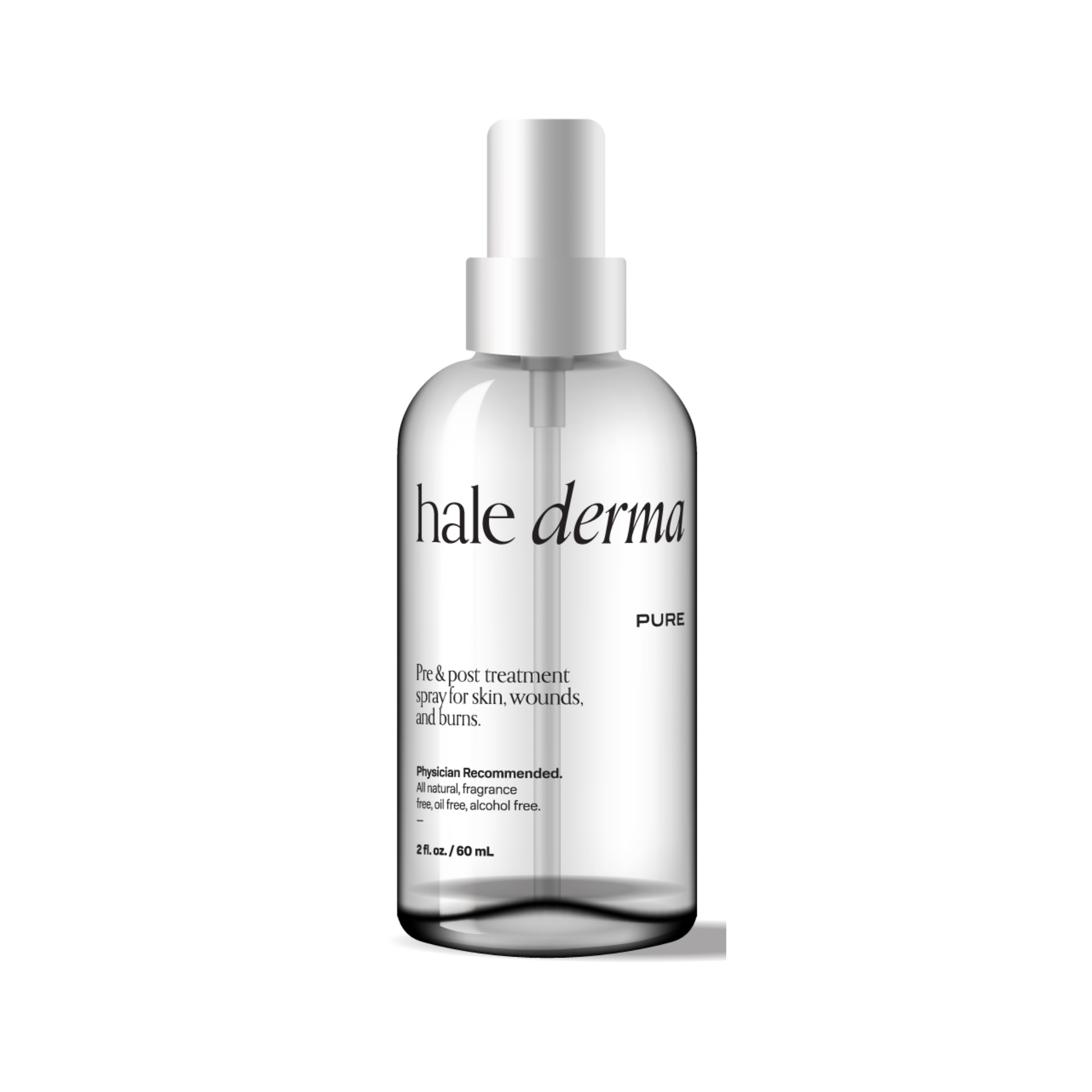 Clear bottle labeled 'hale derma' on a white background