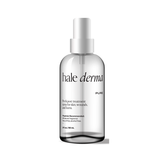 Clear bottle labeled 'hale derma' on a white background