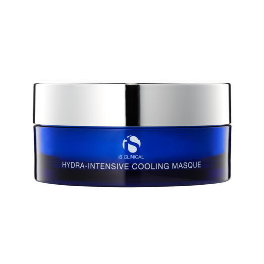 Blue jar of IS Clinical Hydra-Intensive Cooling Masque with silver lid on a white background