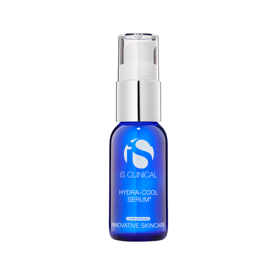 Blue serum bottle with silver cap on a white background