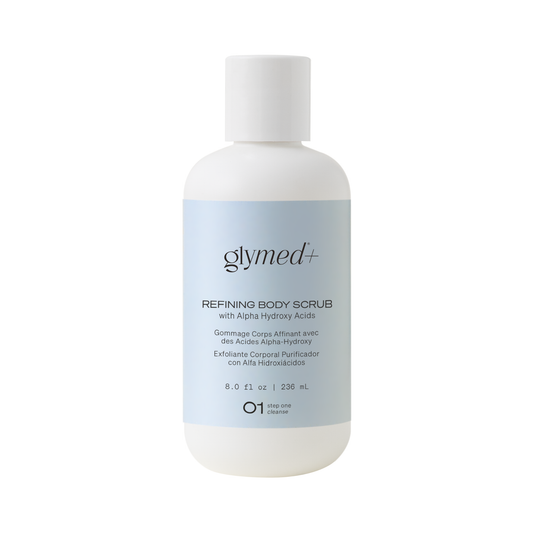 Glymed+ refining body scrub bottle on a white background